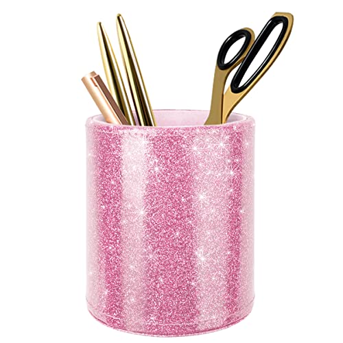 WAVEYU Glitter Pen Holder for Desk, Cute Pencil Cup Pink for Women Girls, Luxury Makeup Brush Holder Large Pu Leather Mult...