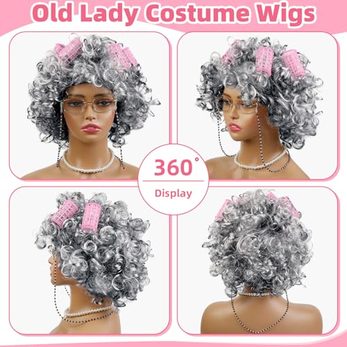 WOVOWOVO Old Lady Costume for Women,Grandma Costume Curly Grey Wig Set,Wig Caps,Madea Granny Glasses, Eyeglass Retainer Ch...