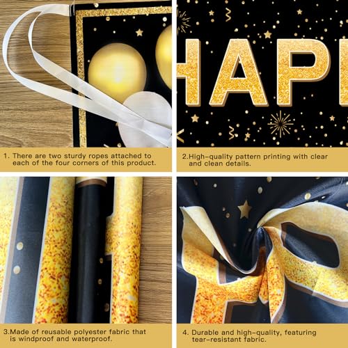Happy Birthday Banner - 118"x20" Waterproof, Windproof & Tear-Resistant Polyester Sign for Men, Women, Boys & Girls, Black...