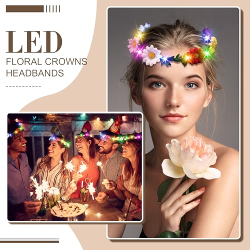 Retrowavy 100 Pcs Light up Flower Crown LED Floral Crowns Headband Garland LED Tiara Luminous Glowing Flower Hair Headpiec...