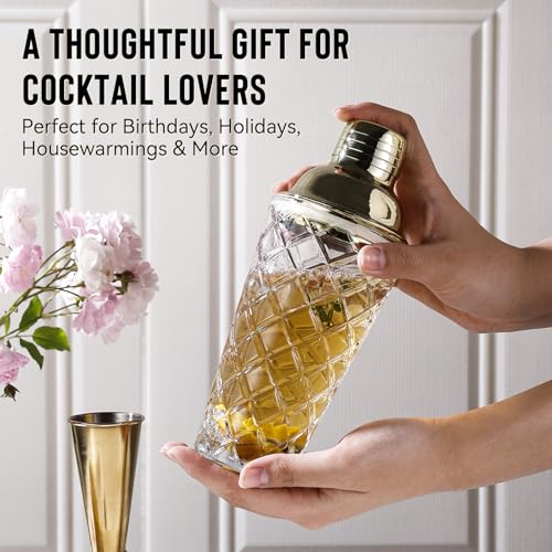 Glass Cocktail Shaker Set with Built-in Strainer – 16oz Thickened Pineapple Glass Gold Shaker Set, Gold Jigger & Bar Spoon...