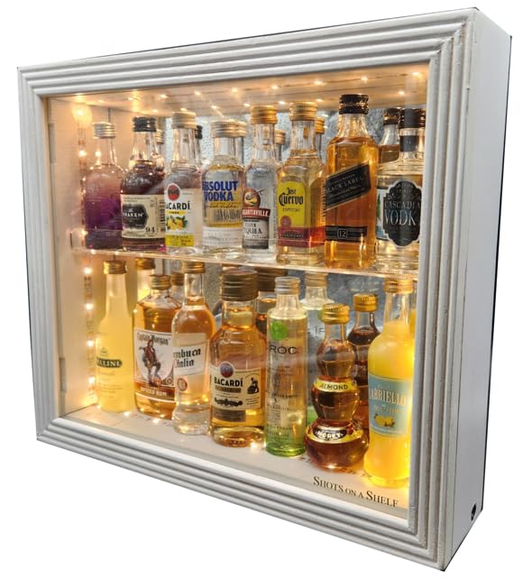 Shots On A Shelf - The One & Only Miniature Liquor Bottle Cabinet. Led Lighting, Hinged Glass Door! Guests Will Love This Showcase! - White/Mirror