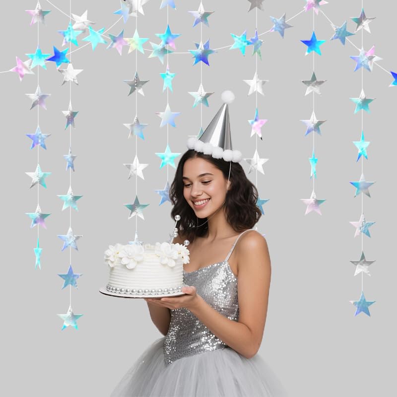 Iridescent Shining Star Hanging Garland Iridescent Hanging Sparkling Star Streamer Glitter Bunting Banner Twinkle Backdrop...