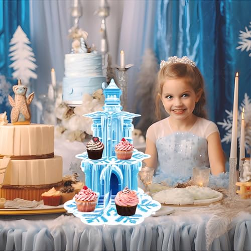 Frozen Birthday Party Decorations, 3-Tier Frozen Cupcake Stand with Snowflakes and Ice Castle Design for Winter Wonderland...