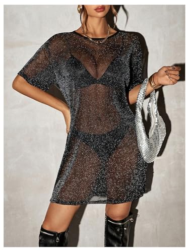 Floerns Women's Glitter Sparkly Short Sleeve Sexy Party Dress Sheer Mesh Loose Club Rave Concert Festival Short Dress