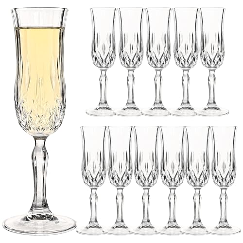 Champagne Flutes Set of 12-4 oz Vintage Crystal Clear Glasses with Cut Design, Elegant Stemware for Champagne, Prosecco, M...