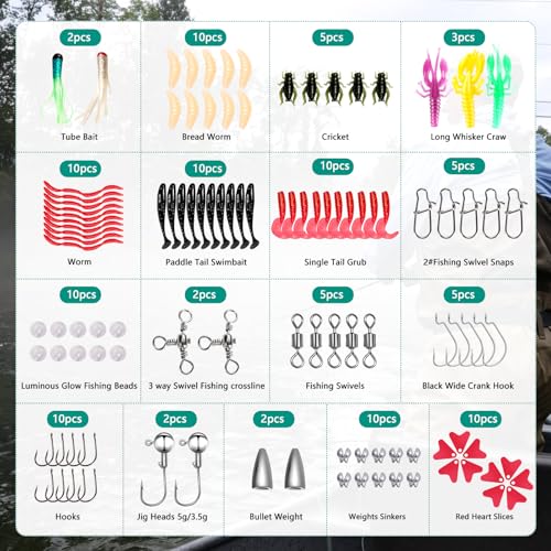 FONMANG Fishing Lures - Tackle Box with Tackle Included, Fishing Kit with VIBs, Frogs, Minnows, Soft Baits, Hooks & Weight...