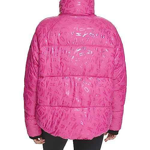 DKNY Women's Performance Repreve Fill Boxy High Low Puffer, Peacock Jumbled Logo