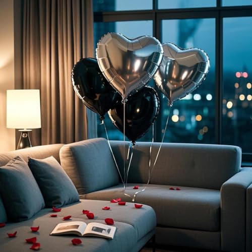 18 Inch Black Silver Heart Balloons, 12 Pcs Heart Foil Mylar Balloons, Black Silver Birthday Decoration, Heart Shaped Ball...