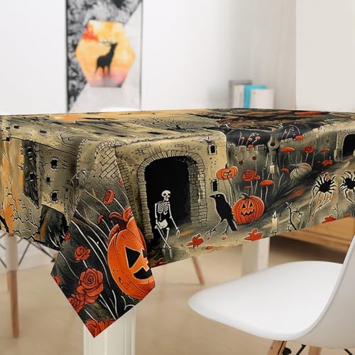 Happy Halloween Table Cloth Trick Or Treat Themed Tablecloths Halloween Ghost Print Picnic Table Cover Castle Spider Bats Decor Table Clothes Pumpkin Lantern Gothic Style Tablecloths,55"x55"