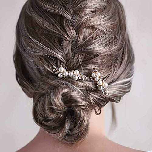 Asooll Gold Wedding Pearl Hair Comb Bride Crystal Hairpiece Bridal Rhinestone Hair Clip Hair Accessories for Women (Set of 2) (A-Gold)