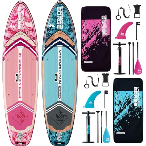 11'x34 Ultra-Wide SUP 2-Board Bundle – 420lb Capacity Each, All-Accessory Kit, 100L Backpack (Woodgrain Blue&Pink)