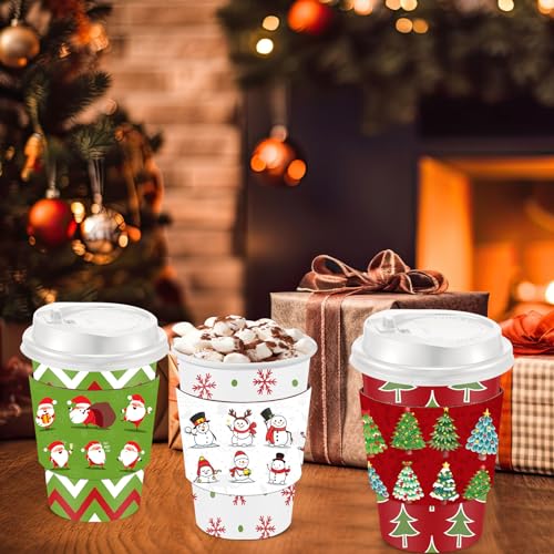 Boao 100 Sets Christmas Paper Coffee Cups with Sleeve and Plastic Lid Stir Straw 12 oz Disposable Hot Chocolate Cocoa Cups...