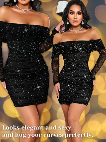 Kaei&Shi Sparkly Off Shoulder Dress,Mesh Long Sleeve Ruched Bodycon Corset Dresses Women,Sexy Birthday Outfit Club Going Out
