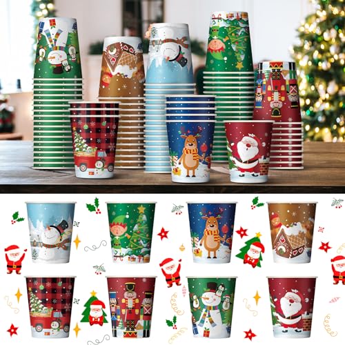 Zhehao 200 Pcs Christmas 9 oz Paper Cups Disposable Coffee Cups Santa Snowman Elk Disposable Hot Cups Xmas Party Drinkware...