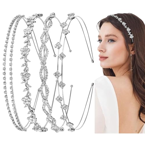 WOVOWOVO 4 Pcs Rhinestone Headbands for Women Silver Bridal Headband Crystal Flower Girl Headpiece Flower Leaf Tiara Crown...