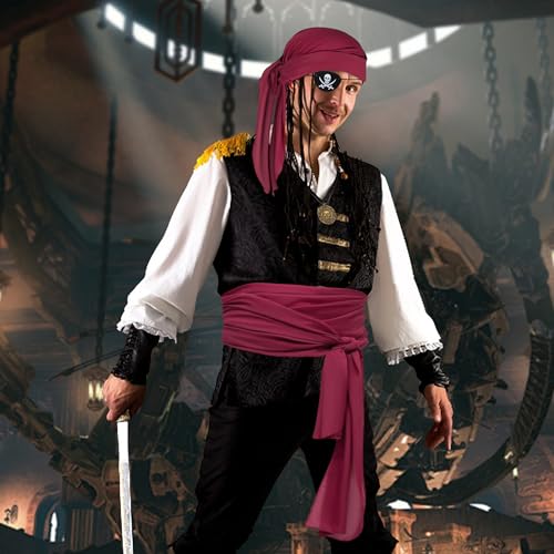 Pirate Accessories Women Men Pireate Hat Head Scarf Sash and Pirate Eye Patch Necklace 4 Piece Pirate Costume Cosplay Waist Belt Bandana Headband Red