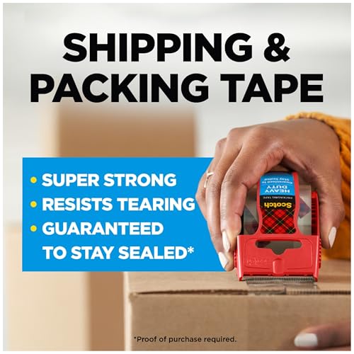 Scotch Heavy Duty Shipping Packing Tape, Clear, Holiday Shipping Supplies, 1.88 in. x 27.7 yd., 1 Tape Roll with Dispenser