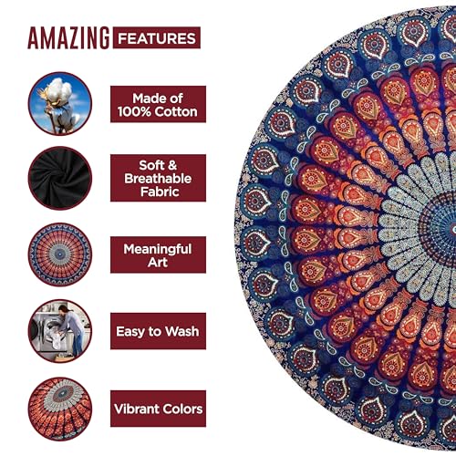 raajsee Blue Orange Mandala Round Beach Tapestry Hippie/Boho Mandala Beach Blanket Roundie/Indian Cotton Throw Bohemian Ro...