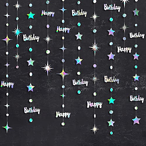 Iridescent Happy Birthday Decorations Happy Birthday Circle Dot Twinkle Star Garland Kit Metallic Holographic Hanging Stre...