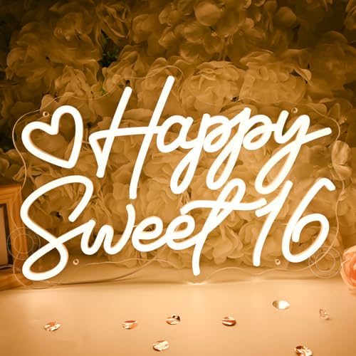SYLHOME Happy Sweet 16 Led Neon Light Sign Happy 16th Birthday Party Backdrop Wall Sign Decor Sixteen Birthday Banner 15.7...