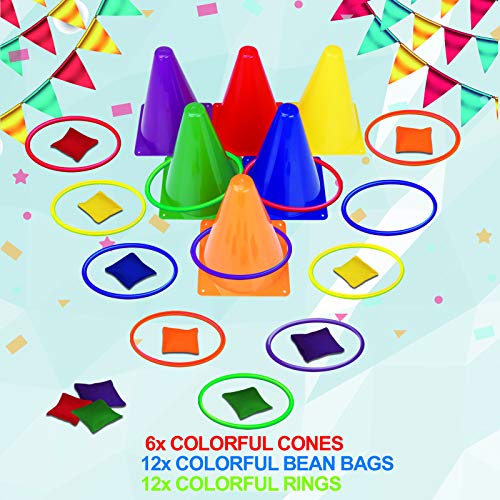 unanscre 31PCS 3 in 1 Carnival Outdoor Games Combo Set for Kids, Soft Plastic Cones Bean Bags Ring Toss Game, Gift for Bir...