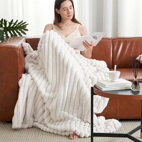 Amélie Home Faux Fur Throw Blanket for Couch, Cozy Fuzzy Fluffy Fur Luxurious Soft Striped Plush Gift Blankets for Family ...