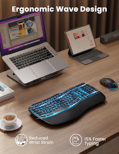 Ergonomic Wireless Keyboard and Mouse Combo, Rechargeable 4000mAh Backlit Keyboard with a Soft, Faux Lambskin Palm Rest, W...