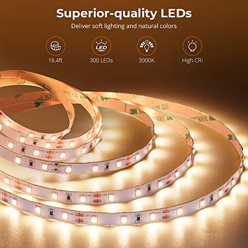 Govee Warm White LED Strip Lights, Bright 300 LEDs, 3000K Dimmable Light Strip 16.4ft with Control Box, LED Lights for Bed...