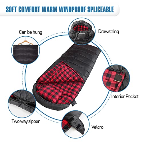 Keencamp 0 Degree Sleeping Bag Cotton Flannel Winter Cold Weather for Adults XXL Sleeping Bag 4 Season Big and Tall with P...