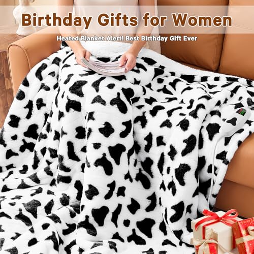 Black Heated Electric Blanket Throw,50X60 Cow Print Heating Blanket with 10 Heats Levels & 8 Hours Auto Off,Cute Cow Decor...