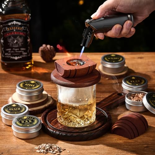 Whiskey Smoker Kit with Torch - 6 Flavors Wood Chips, 2 Glasses, 2 Ice Ball Molds - Cocktail Smoker Infuser Kit, Old Fashi...