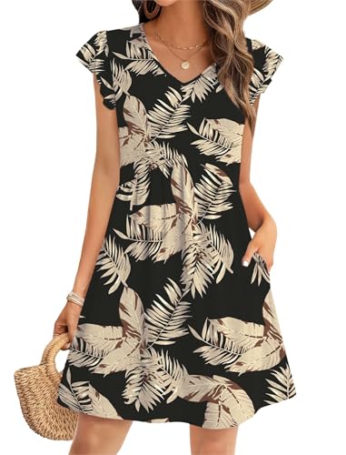 OFEEFAN Summer Dresses for Women Beach Vacation Clothes V Neck Ruffle Sleeve Babydoll Dress Elegant Classy Sundress