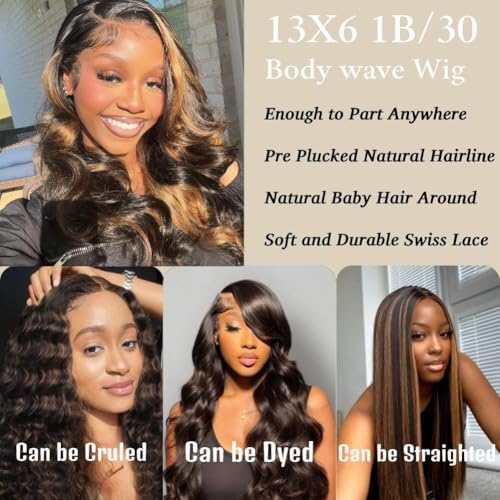 1B/30 Highlight Lace Front Wig Human Hair 13x6 Ombre Lace Front Wig 180% Density Body Wave HD Lace Frontal Wigs Human Hair Colored Balayage Wig for Black Women 22Inch