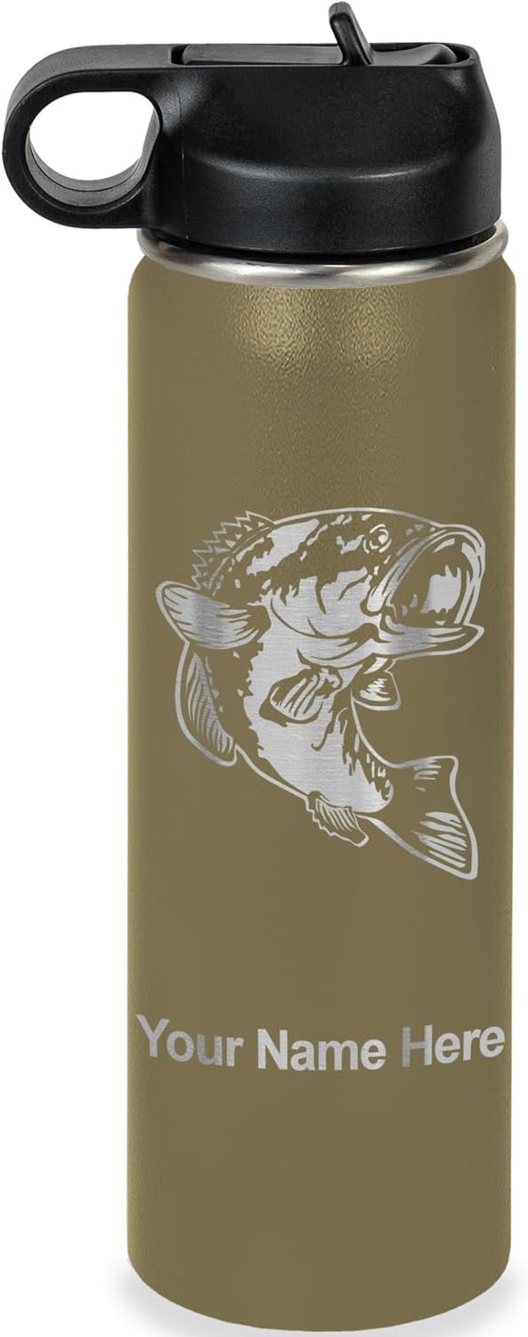 LaserGram Personalized Water Bottle, Bass Fish, Stainless Steel Double Wall Vacuum Insulated with Flip Top Straw, Custom E...