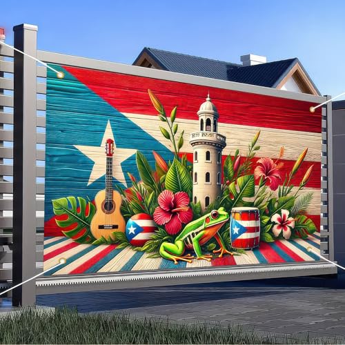 HOMETITUTE Puerto Rico Flag Frog Banner Indoor Outdoor Party Decor Backdrop 71x43 Inch Festivals Wall Banner Hibiscus and ...