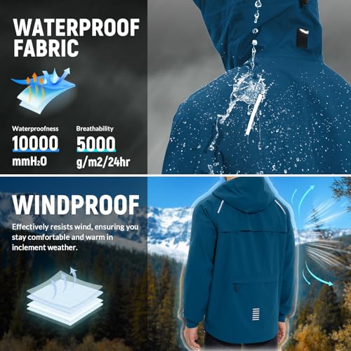 baleaf Men's Rain Jacket Waterproof Windbreaker Raincoat Running Cycling Hiking Gear Hood Lightweight Reflective Packable