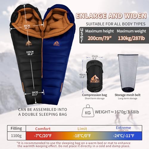 BUERTS Ultralight Down Sleeping Bag and Hiking Gaiter Combo,a combination of a 3 season sleeping bag(20 to -11℉)and 900D w...