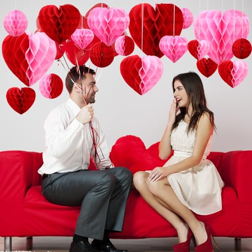 Yexiya 36 Pcs Valentine Heart Honeycomb Decorations Pom Poms Honeycomb Ball Paper Decorations Heart Tissue Paper for Valen...
