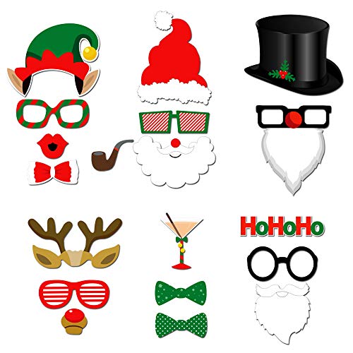 Christmas Photo Booth Props Kit(47Pcs), Konsait DIY Christmas Photo Booth with Stick Funny Xmas Selfie Props Accessories f...