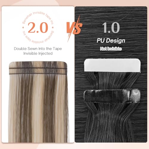 Benehair Tape in Human Hair Extensions, 20 inch Straight Invisible Tape Extensions Remy Blonde Hair Extensions 10pcs 20g Medium Brown Mix Dark Blonde 4p27