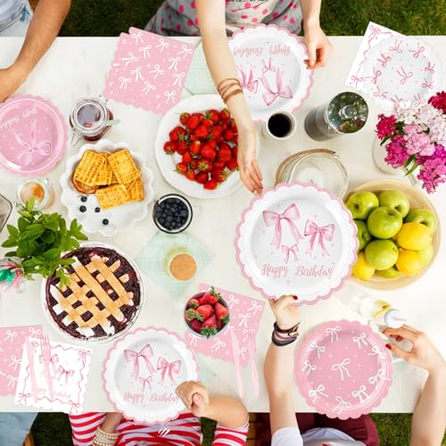 Pink Bow Birthday Decorations Include Plates, Napkins, Cups, Cutlery, Banner, Hanging Swirls, Cake & Cupcake Toppers, Ball...