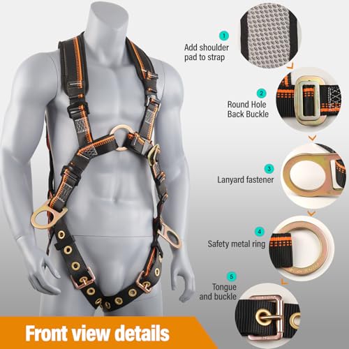 QFU Full Body Safety Harness & Fall Protection Kit with Padded Straps, ANSI Compliant, Includes Shock-Absorbing Lanyard fo...