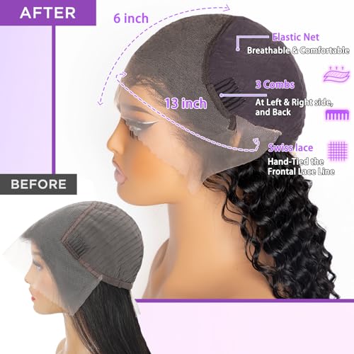 13x6 Deep Wave Lace Front Wigs Human Hair Pre Plucked HD Lace Frontal Deep Wave Wig Pre Plucked 200 Density Brazilian Glueless Wet and Wavy Wig 20 Inch