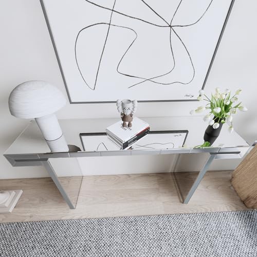 Henf Mirror Console Table for Living Room, 60 Inches Narrow Entryway Table Luxury Sofa Table Glass Hallway Accent Tables for Living Room, Entrance (Silver)