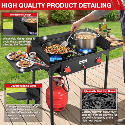 Bestfire 2 Burner Camping Stove with Windpanel& Side Shelves, Bag, Auto Ignition Button,Regulator,150,000 BTU Camping Stov...