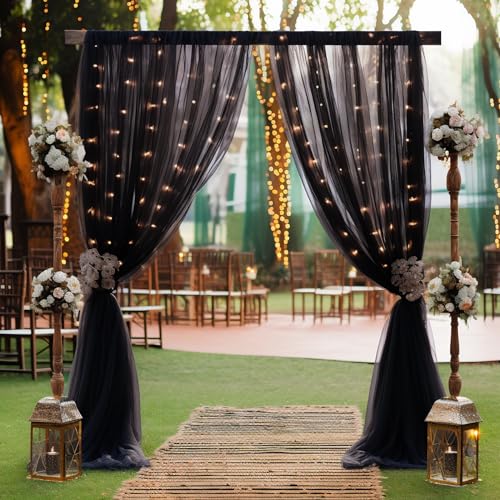 10×10ft Black Tulle Backdrop Curtain with Lights String for Parites, Sheer Photo Backdrop Curtains for Wedding Party Photo...