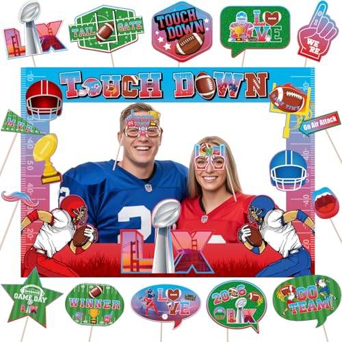 Super Football Party Decorations 2026 Photo Booth Props Set Include 1 Photo Booth Frame and 16 Photo Props Touch Down Supe...