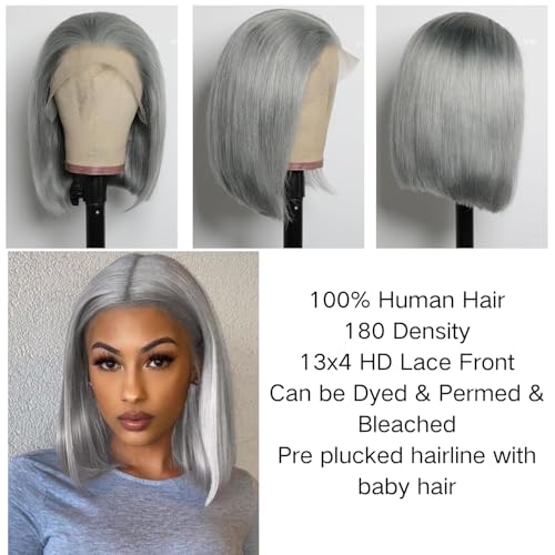 16 Inch Silver Grey Short Straight Bob Wigs Human Hair Short Straight Grey Bob Wig 13x4 HD Lace Front Bob Wigs 180% Density Pre Plucked With Baby Hair for Women
