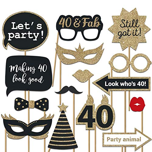 Fully Assembled 40th Birthday Photo Booth Props - Set of 30 - Black & Gold Selfie Signs - 40th Party Supplies & Decoration...
